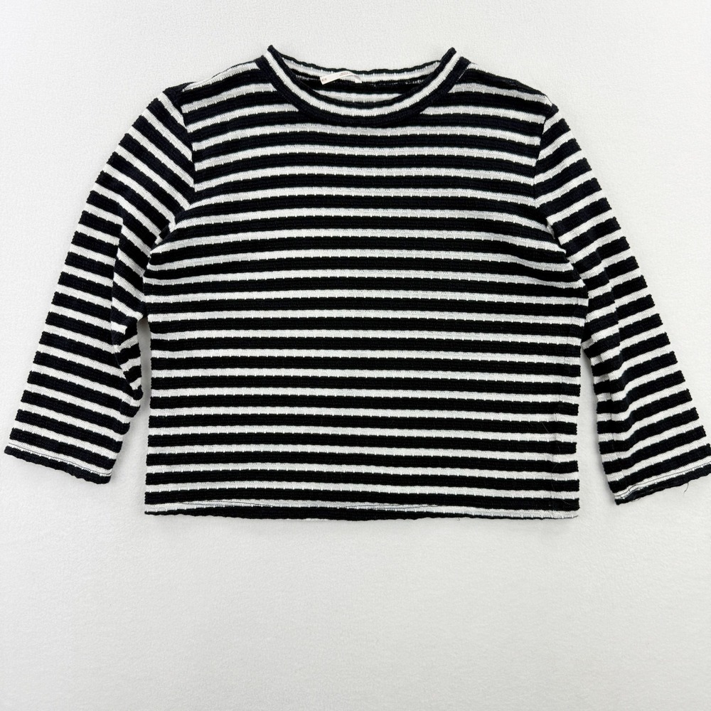 Free People‎ Striped Top Textured Knit 3/4 Sleeve Crew Neck Black White M